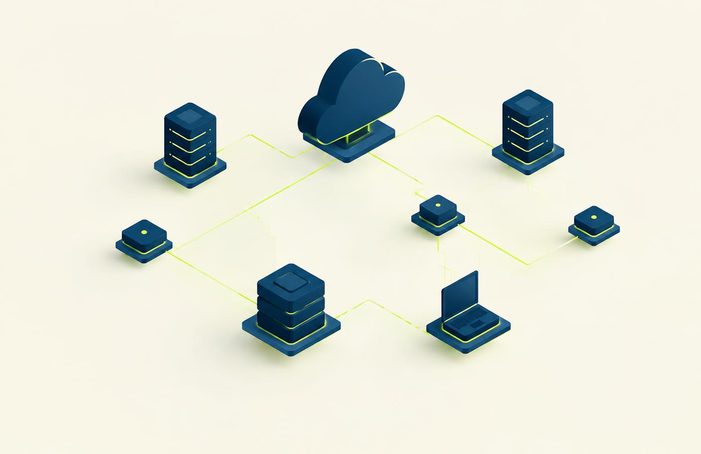 Isometric diagram of cloud services linked to servers and a laptop
