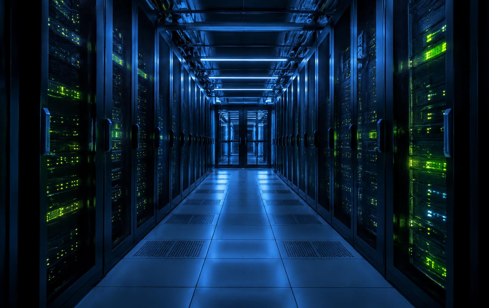 Server racks illuminated in a data centre aisle